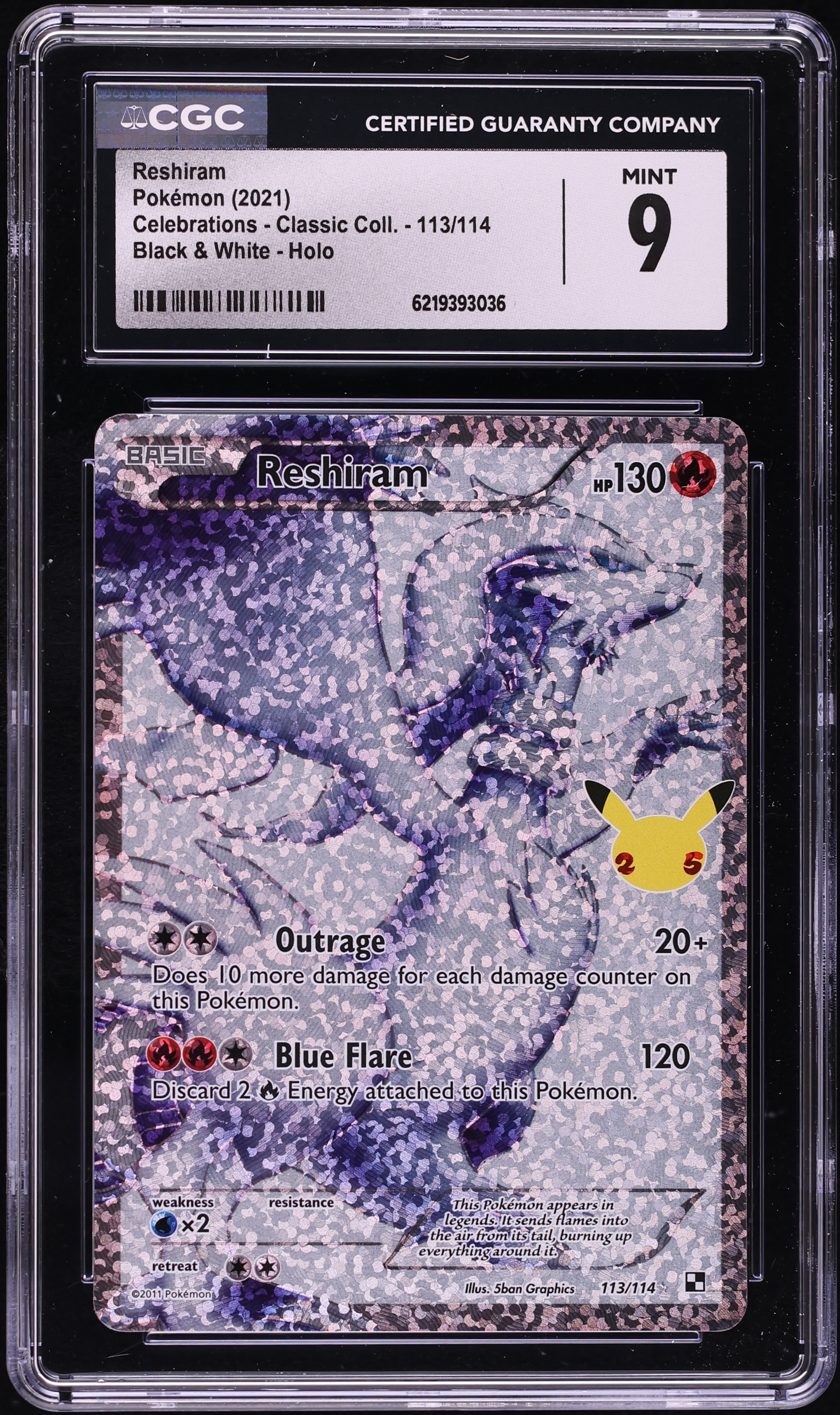 2021 Pokemon Sword & Shield Celebrations Classic Collection Full Art Reshiram #113 CGC 9 MINT