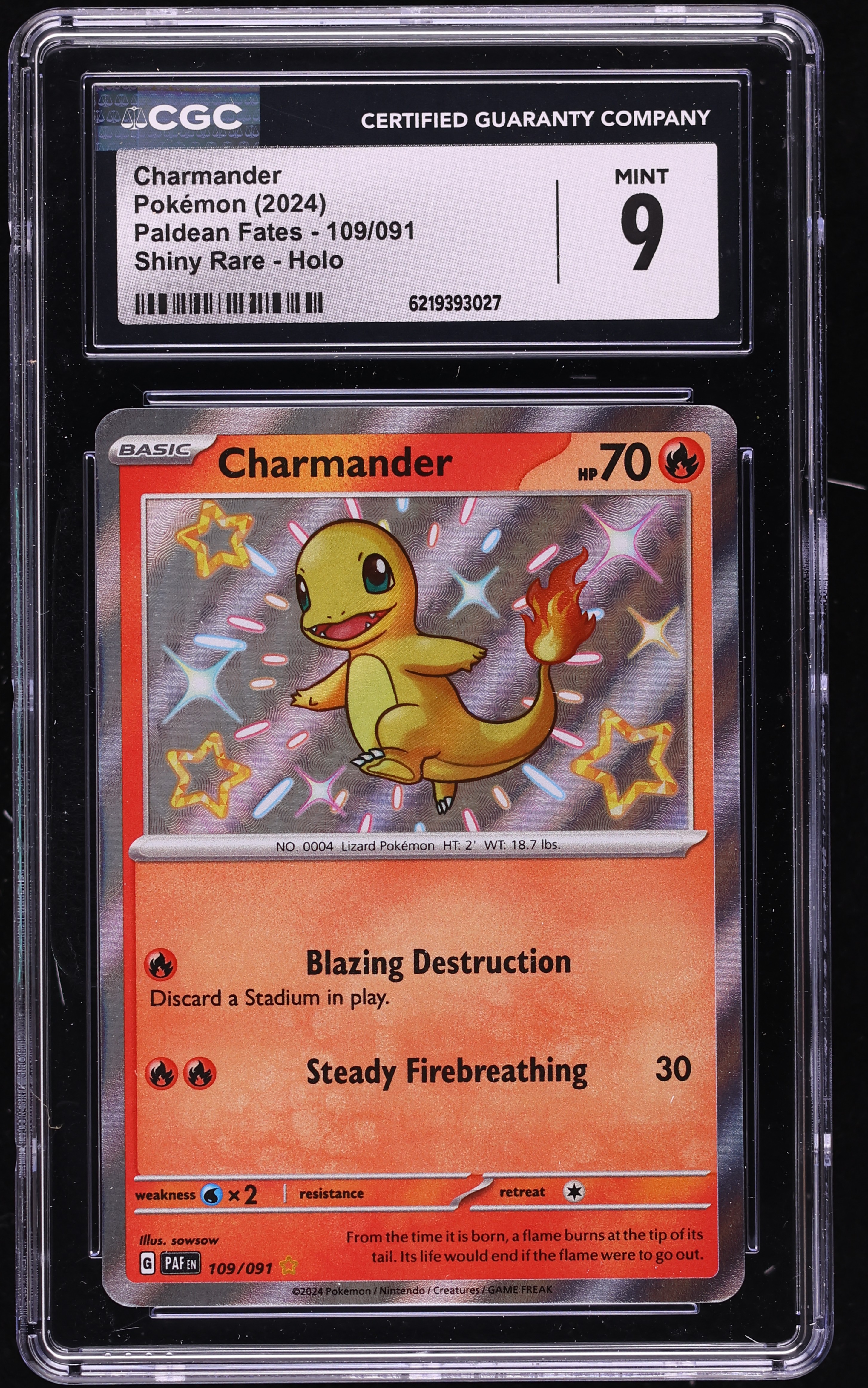 2024 Pokemon Scarlet & Violet Paldean Fates Shiny Rare Charmander #109 CGC 9 MINT