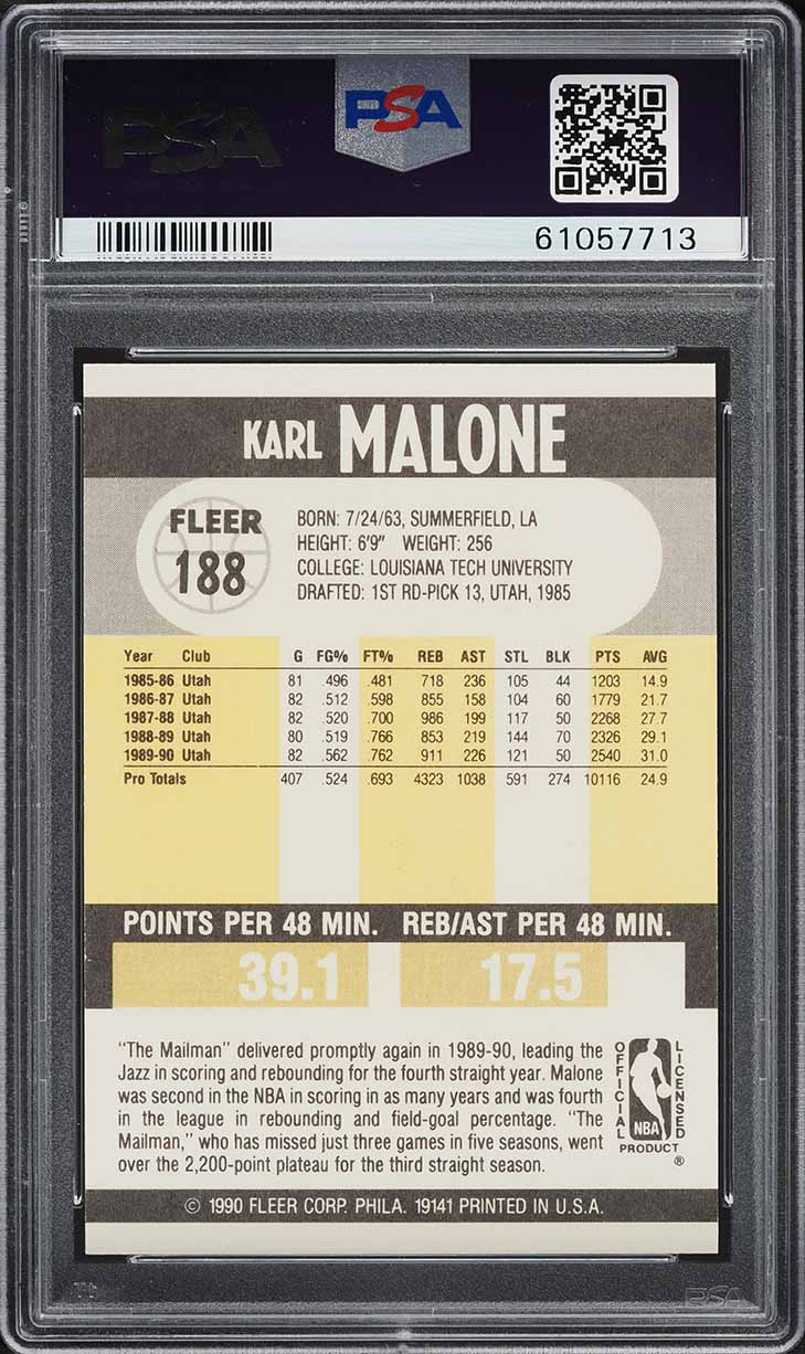 1990 Fleer Basketball Karl Malone #188 PSA 9 MINT
