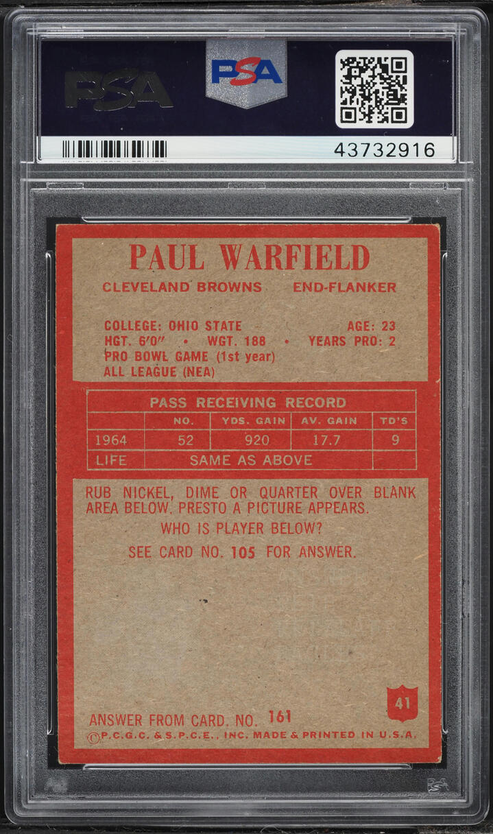 1965 Philadelphia Paul Warfield ROOKIE #41 PSA 6 EXMT