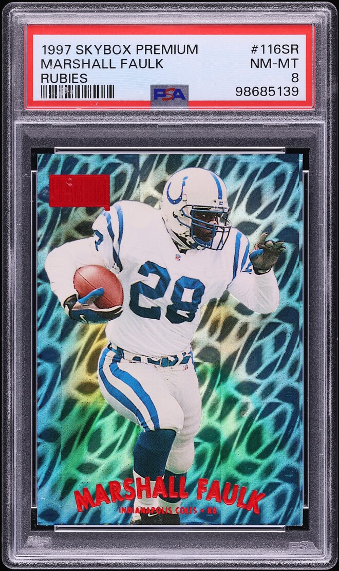 1997 Skybox Premium Rubies Marshall Faulk /50 #116SR PSA 8 NM-MT