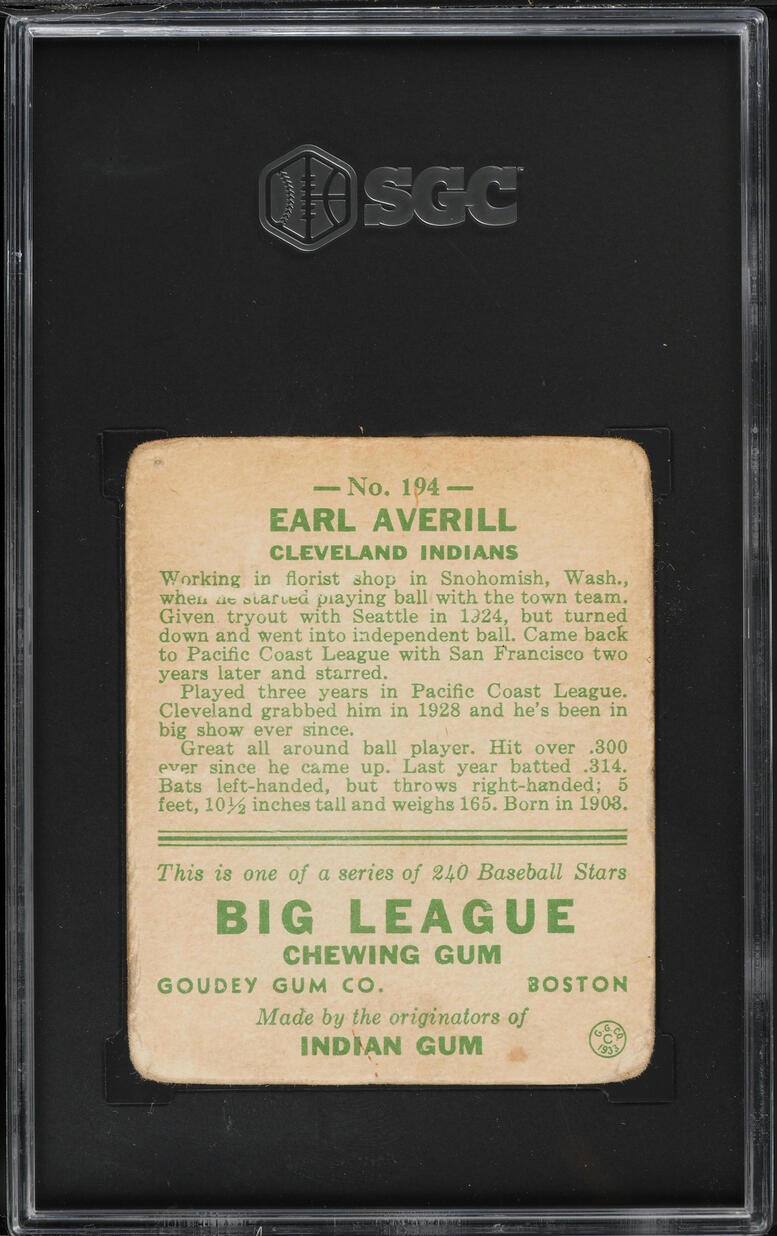 1933 Goudey Earl Averill #194 SGC 1 PR