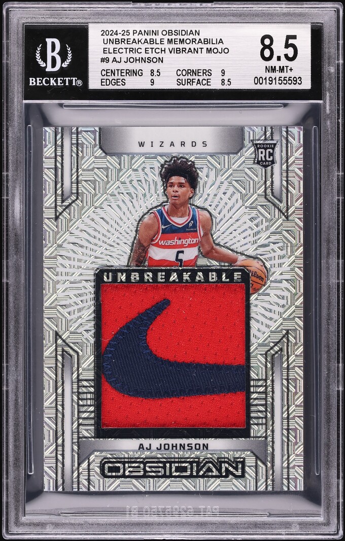 2024 Panini Obsidian Unbreakable Electric Etch Vibrant Mojo AJ Johnson ROOKIE PATCH 1/1 BGS 8.5