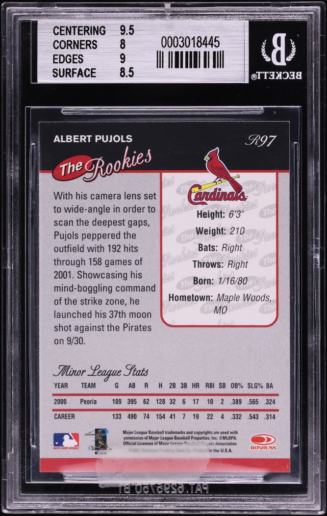 2001 Donruss The Rookies Albert Pujols ROOKIE AUTO #R97 BAS BGS 8.5 NM-MT+ - Photo 2