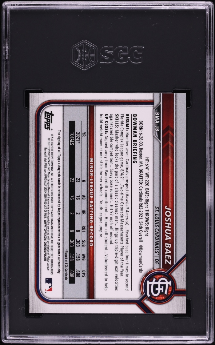 2022 Bowman Chrome Mega Box Green Refractor Joshua Baez AUTO /99 #BMA-JB SGC 10 GEM MINT - Photo 2