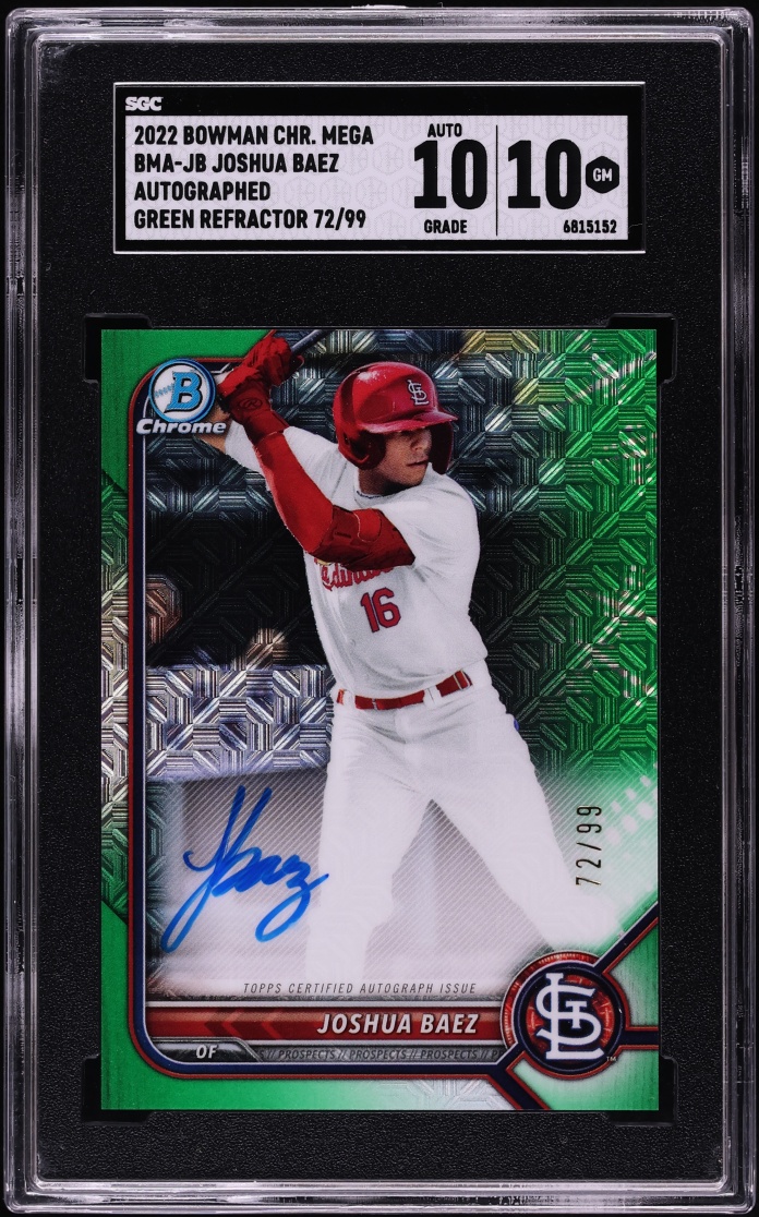 2022 Bowman Chrome Mega Box Green Refractor Joshua Baez AUTO /99 #BMA-JB SGC 10 GEM MINT