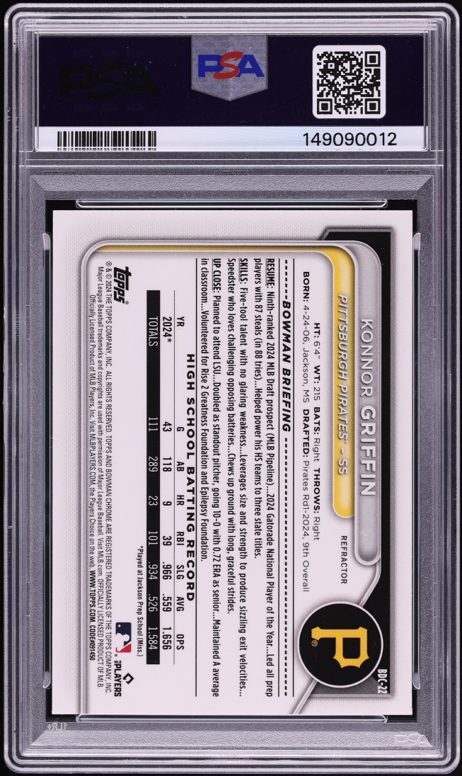 2024 Bowman Chrome Draft Refractor Konnor Griffin PROSPECT #BDC-22 PSA 10 GEM MINT - Photo 2