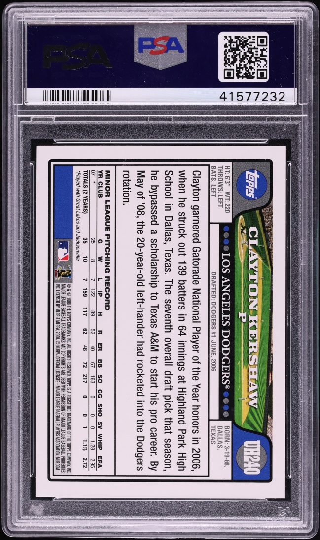 2008 Topps Update & Highlights Clayton Kershaw ROOKIE #UH240 PSA 10 GEM MINT - Photo 2
