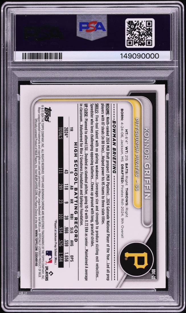 2024 Bowman Chrome Draft Konnor Griffin PROSPECT #BDC-22 PSA 10 GEM MINT - Photo 2