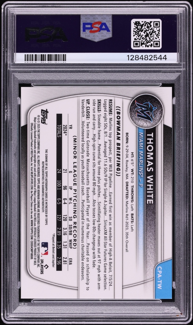 2025 Bowman Chrome Blue Xfractor Thomas White PROSPECT AUTO /150 #CPA-TW PSA 10 GEM MINT - Photo 2