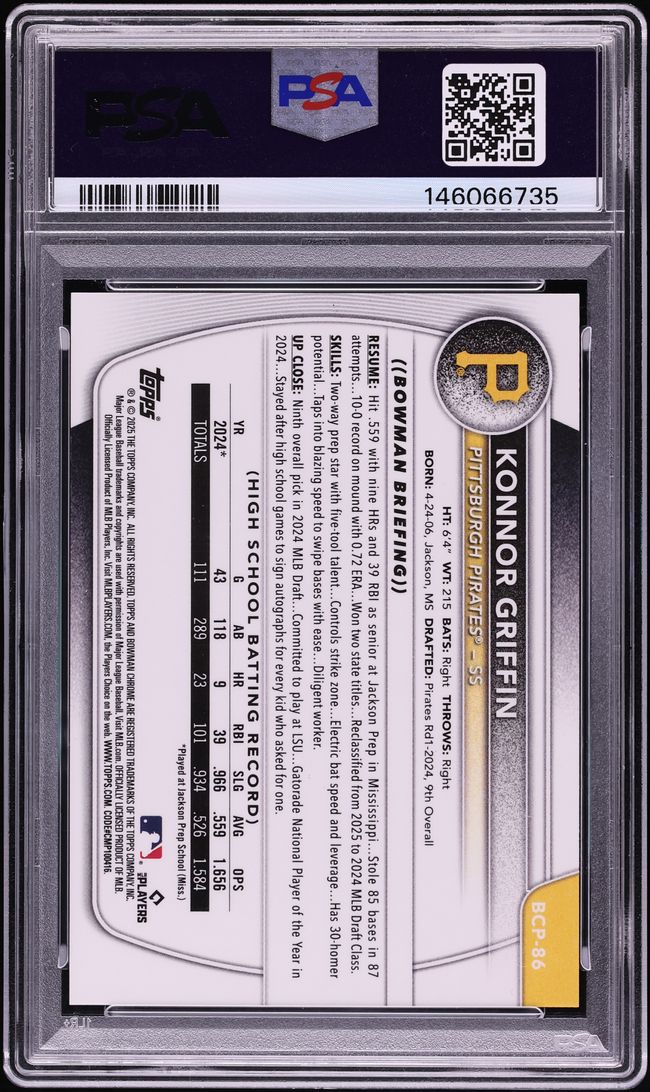 2025 Bowman Chrome Black Refractor Konnor Griffin PROSPECT /10 #BCP-86 PSA 9 MINT - Photo 2
