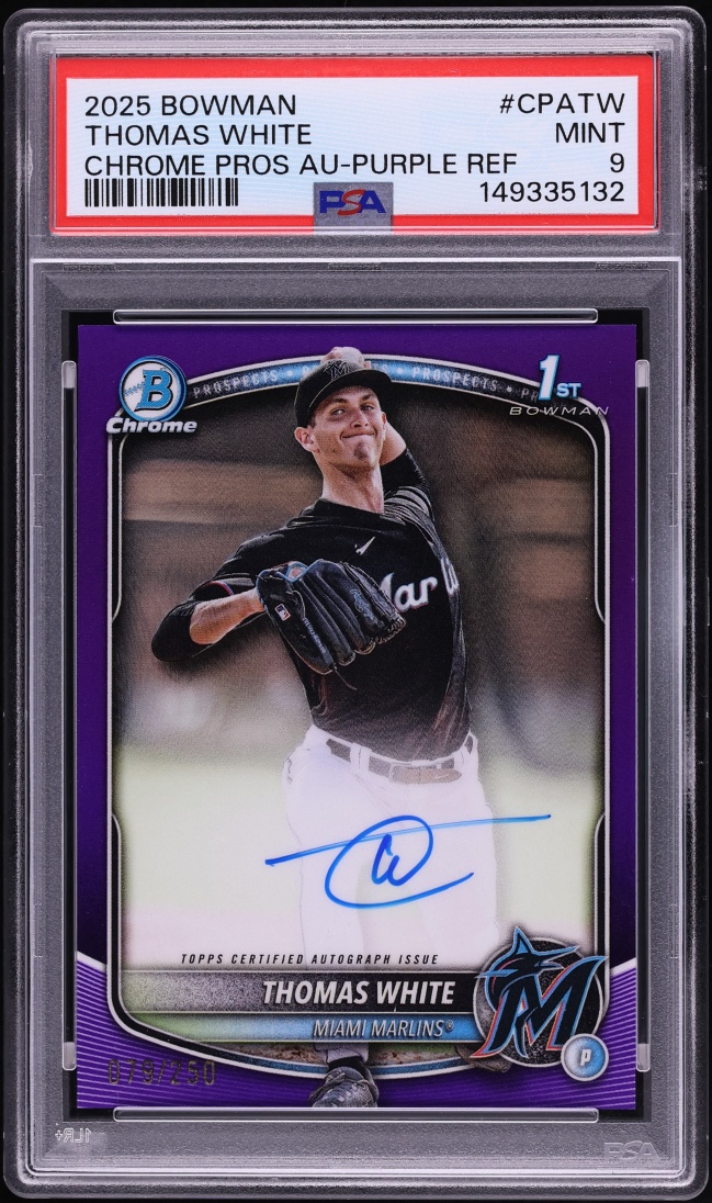 2025 Bowman Chrome Purple Refractor Thomas White PROSPECT AUTO /250 #CPA-TW PSA 9 MINT
