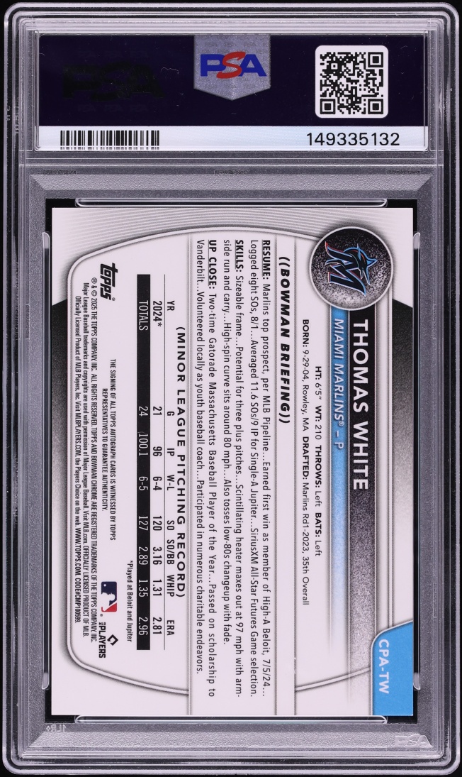 2025 Bowman Chrome Purple Refractor Thomas White PROSPECT AUTO /250 #CPA-TW PSA 9 MINT - Photo 2