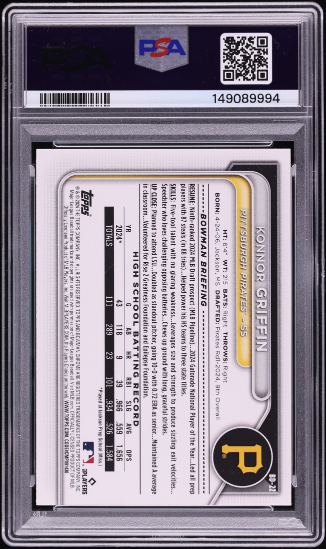 2024 Bowman Draft Sky Blue Konnor Griffin PROSPECT /499 #BD-22 PSA 9 MINT - Photo 2