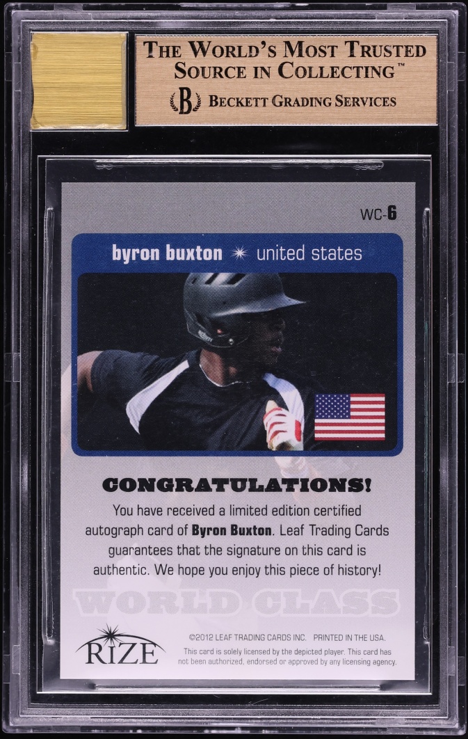 2012 Rize Draft World Class Blue Byron Buxton ROOKIE AUTO /25 #WC-6 BGS 9.5 GEM MINT - Photo 2