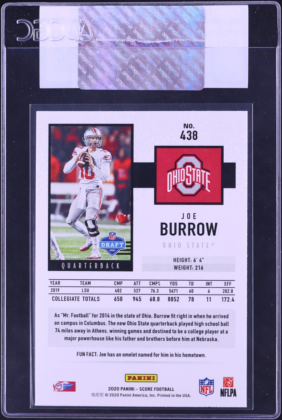 2020 Score Joe Burrow ROOKIE #438 CGC AUTH