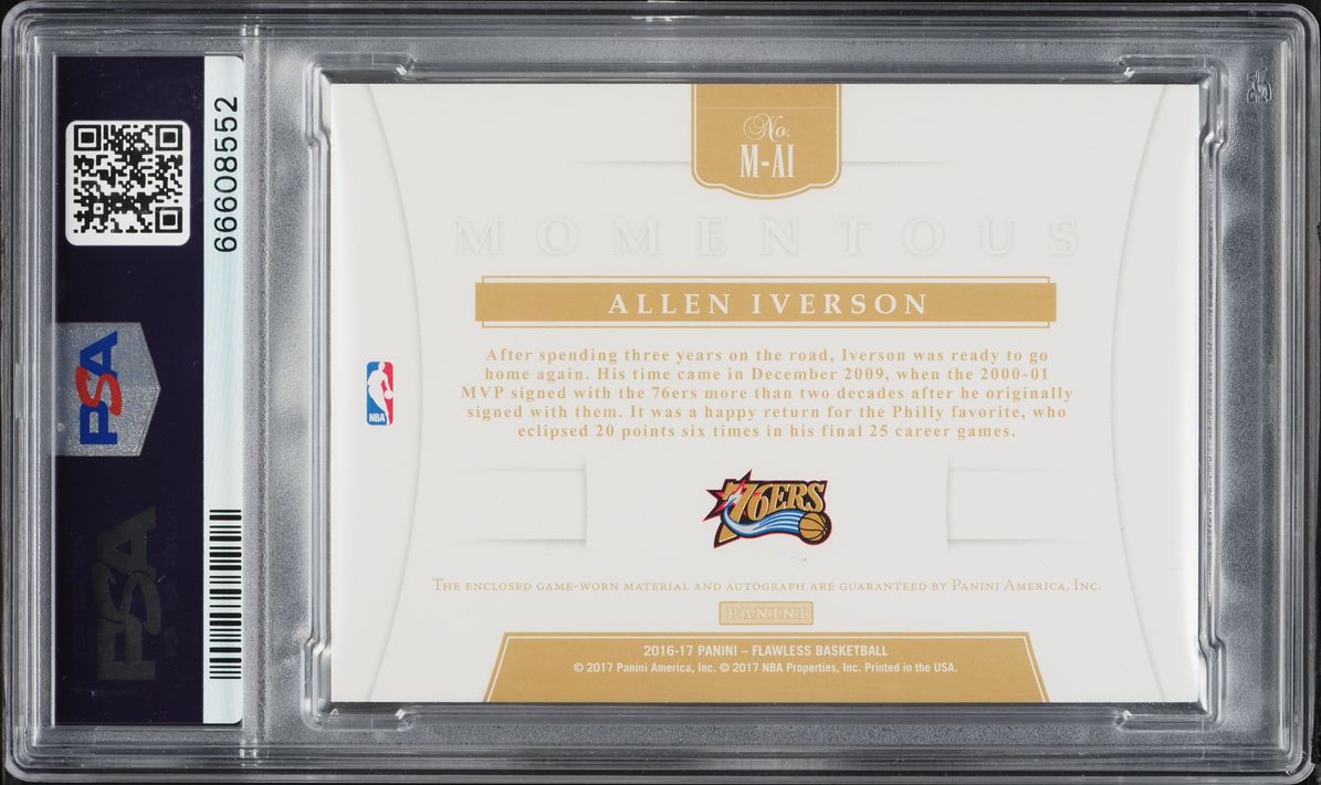 2016 Panini Flawless Momentous Allen Iverson PATCH AUTO DNA 9 /18 #M-AI PSA AUTH