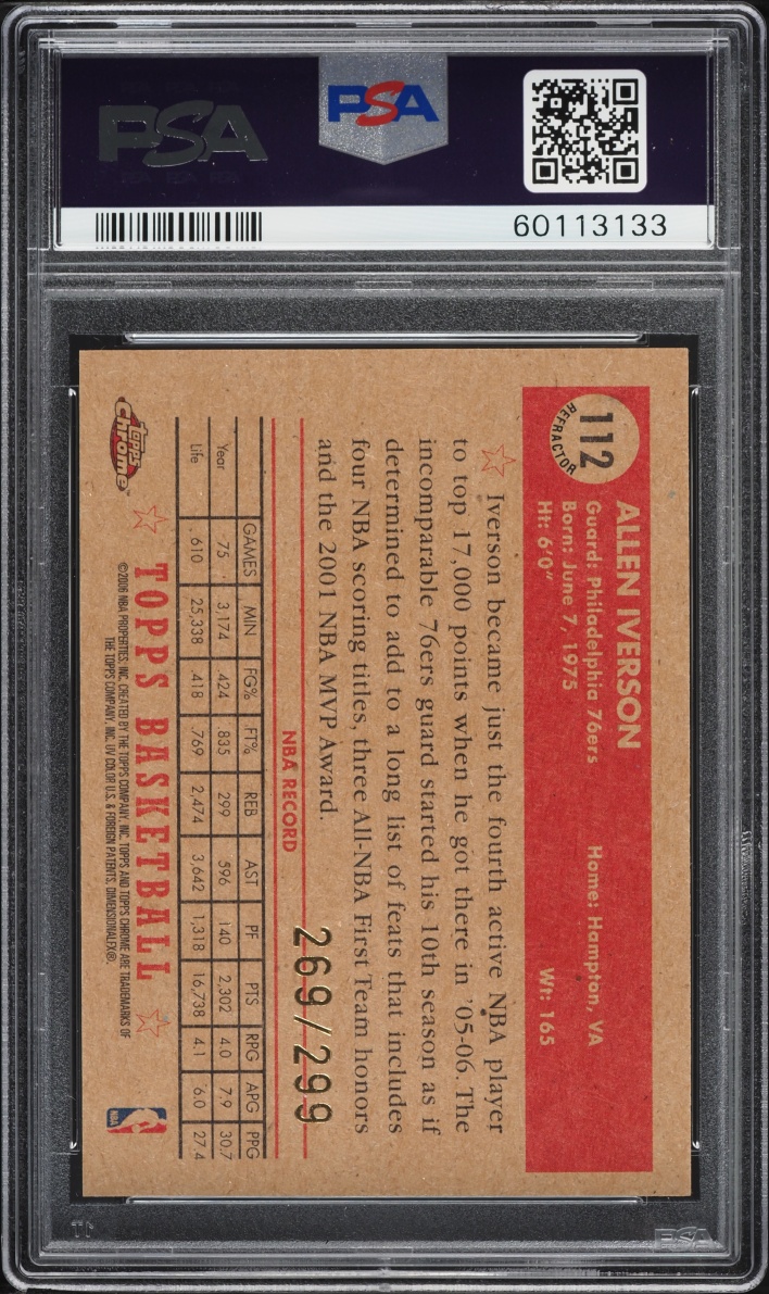2005 Topps Chrome '52 Style Refractor Allen Iverson /299 #112 PSA 10 GEM MINT