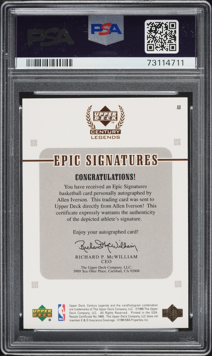 1998 Upper Deck Century Legends Epic Signatures Allen Iverson AUTO #AI PSA 10 GEM MINT