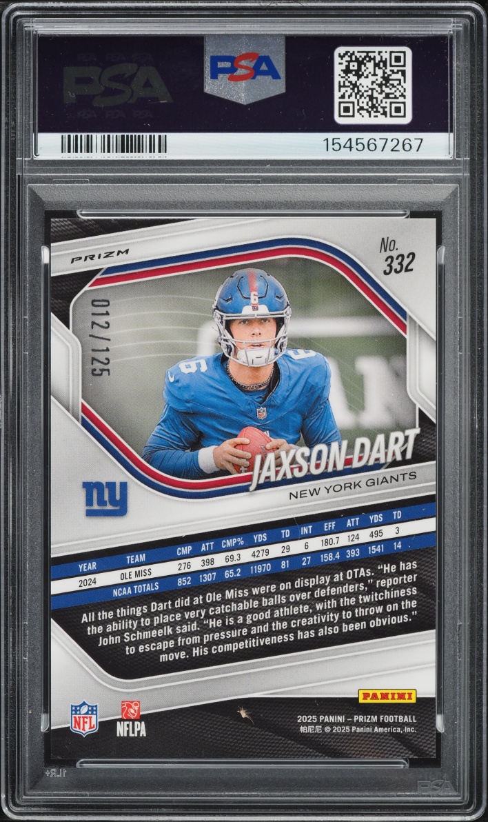 2025 Panini Prizm No Huddle Blue Jaxson Dart ROOKIE /125 #332 PSA 10 GEM MINT