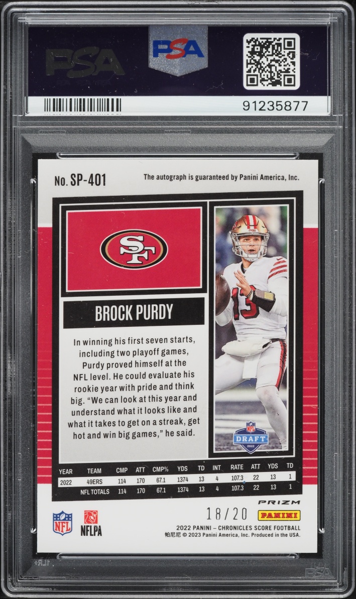 2022 Panini Chronicles Score Premium Update Red Zone Brock Purdy SP ROOKIE AUTO /20 PSA 9 MINT