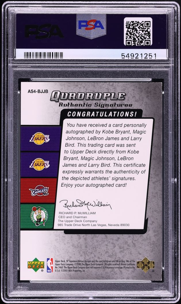 2004 SP Signature Quad Kobe Bryant Magic Johnson LeBron James Bird AUTO DNA 9 /15 PSA AUTH