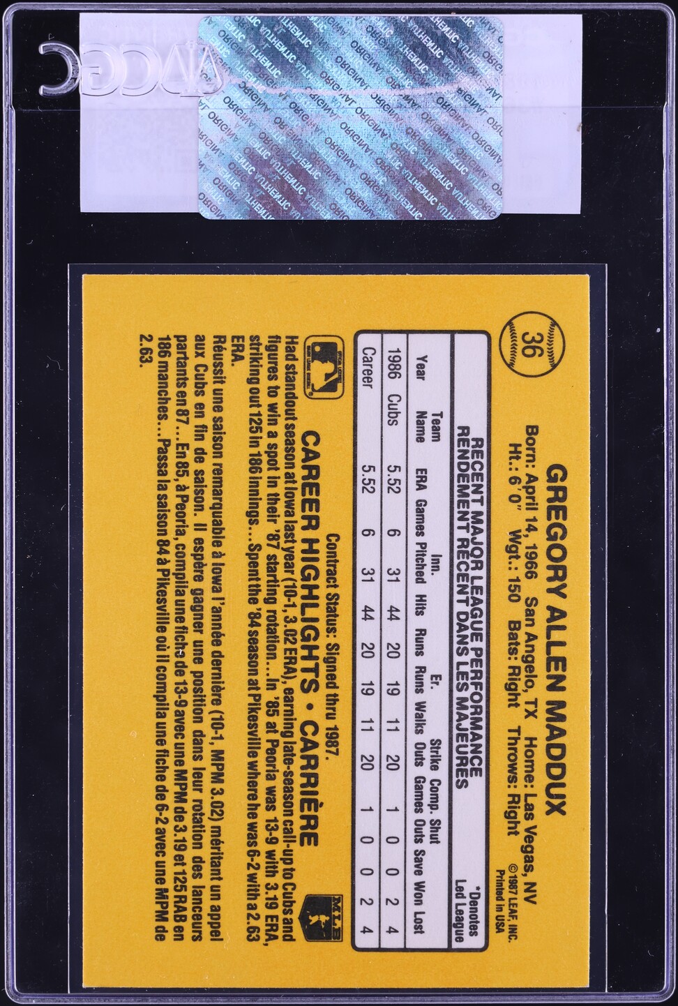 1987 Leaf Greg Maddux ROOKIE #36 CGC AUTH
