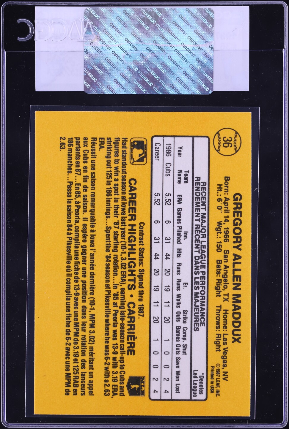 1987 Leaf Greg Maddux ROOKIE #36 CGC AUTH