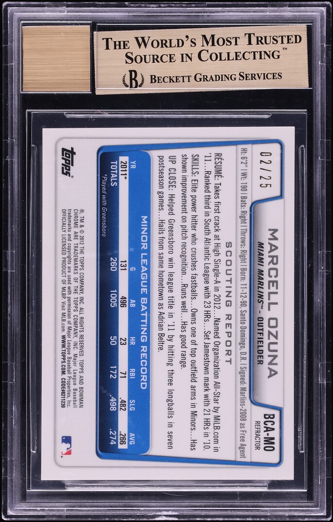 2012 Bowman Chrome Orange Refractor Marcell Ozuna PROSPECT AUTO /25 #BCA-MO BGS 9.5 GEM MINT