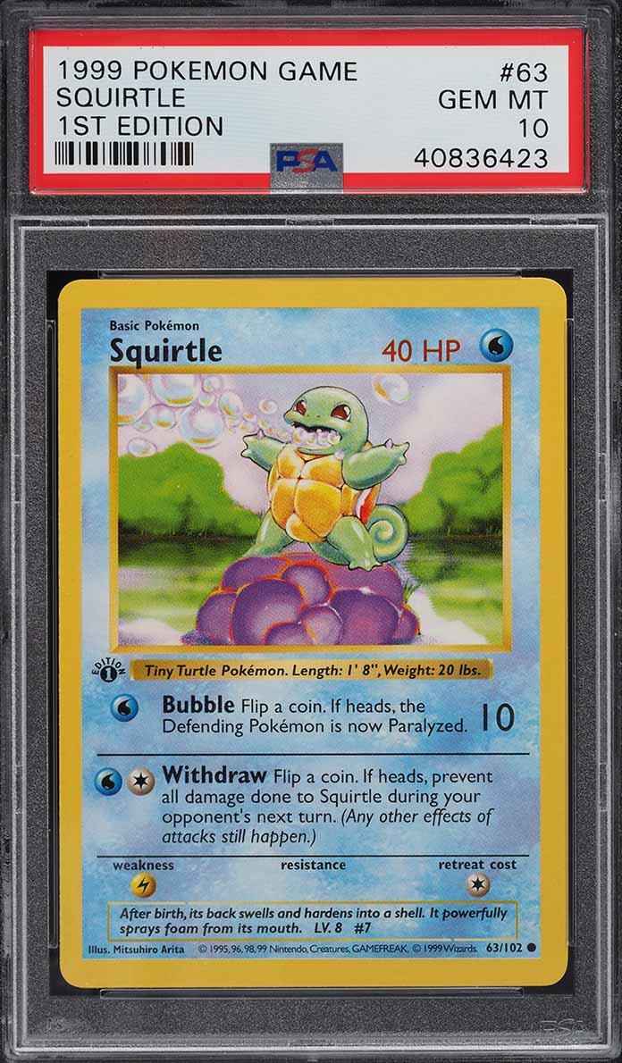 1999 Pokemon Base Set Shadowless 1st Edition Squirtle #63 PSA 10 GEM MINT