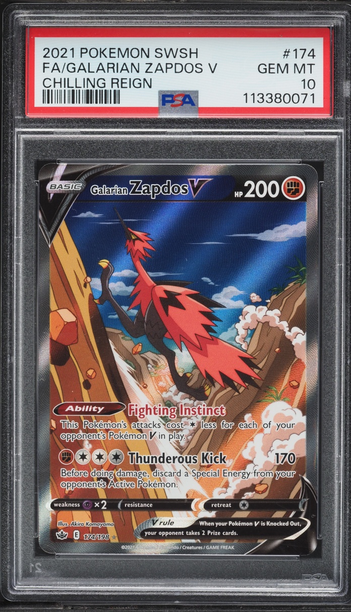 2021 Pokemon Sword & Shield Chilling Reign Full Art Galarian Zapdos V #174 PSA 10 GEM MINT