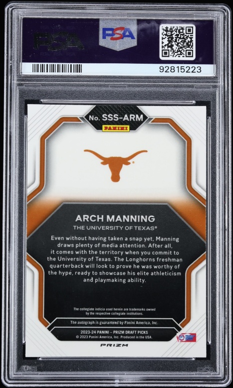 2023 Panini Prizm Draft Picks Saturday Star Arch Manning ROOKIE AUTO DNA 10 #SSS-ARM PSA 9 MINT - Photo 2