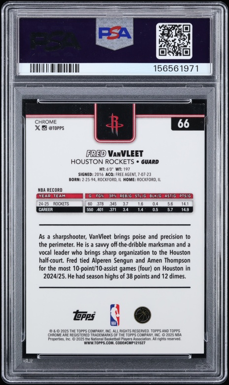 2025 Topps Chrome Sapphire Padparadscha Fred Vanvleet 1/1 #66 PSA 7 NRMT - Photo 2