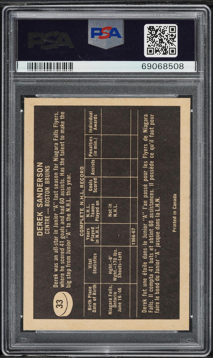 1967 Topps Hockey Derek Sanderson ROOKIE #33 PSA 7 NRMT