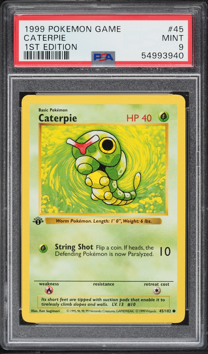 1999 Pokemon Base Set Shadowless 1st Edition Caterpie #45 PSA 9 MINT