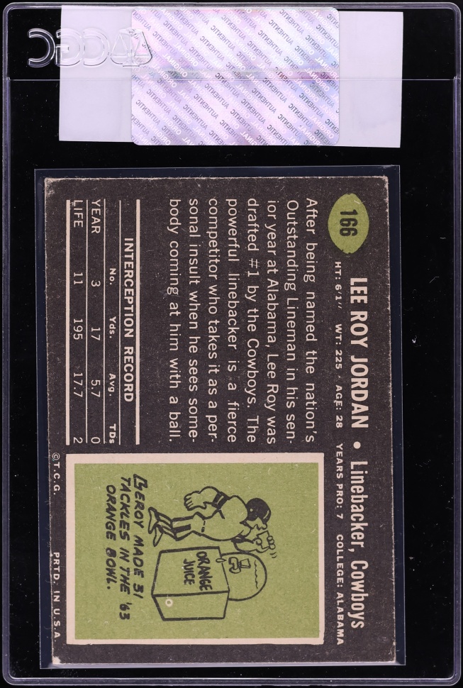 1969 Topps Football Lee Roy Jordan #166 CGC AUTH