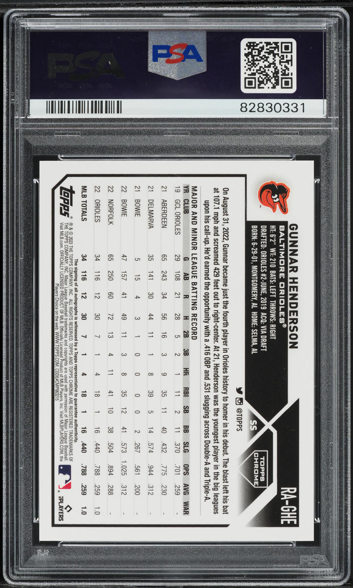2023 Topps Chrome Blue Refractor Gunnar Henderson ROOKIE AUTO /150 #RA-GHE PSA 10