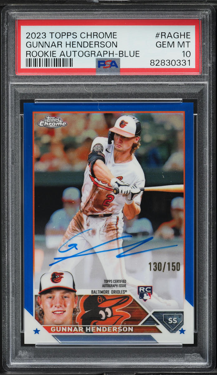 2023 Topps Chrome Blue Refractor Gunnar Henderson ROOKIE AUTO /150 #RA-GHE PSA 10