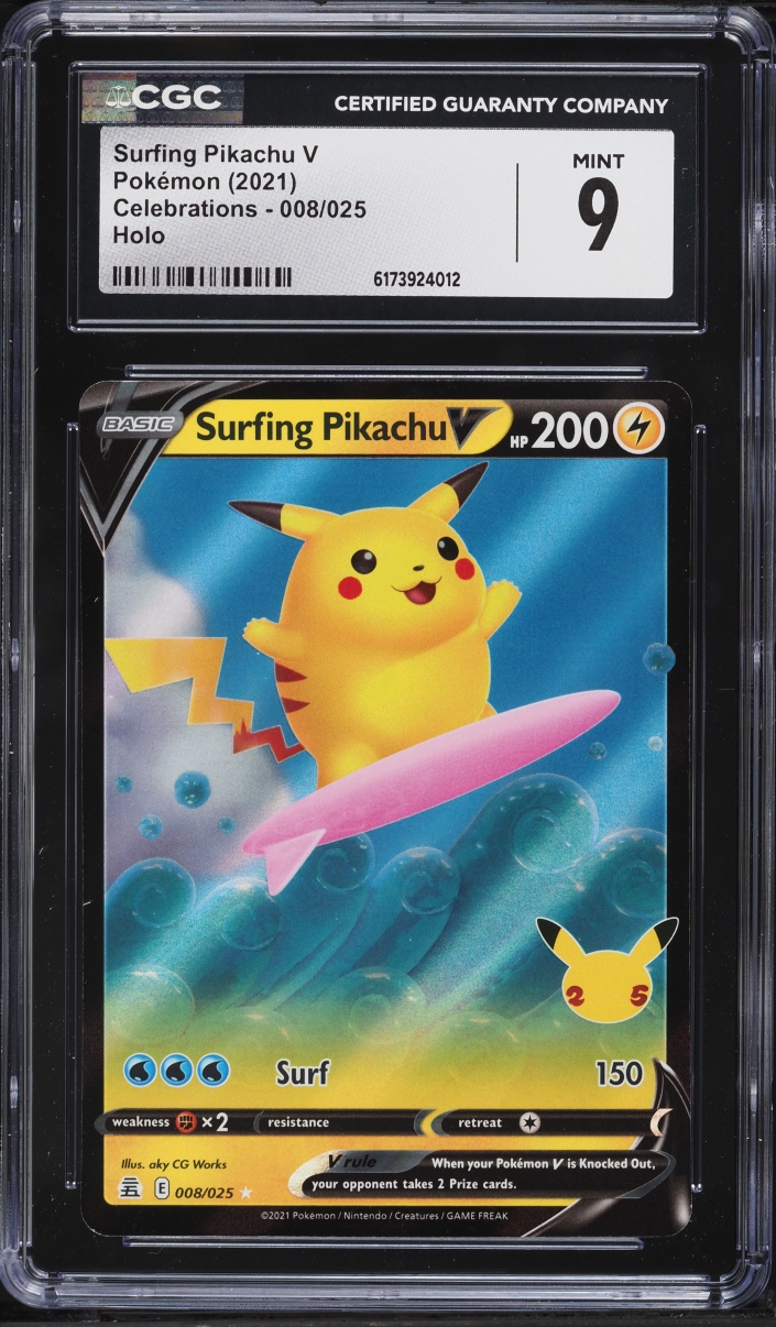 2021 Pokemon Sword & Shield Celebrations Holo Surfing Pikachu V #8 CGC 9 MINT
