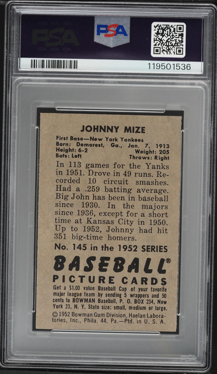 1952 Bowman Johnny Mize #145 PSA 6 EXMT