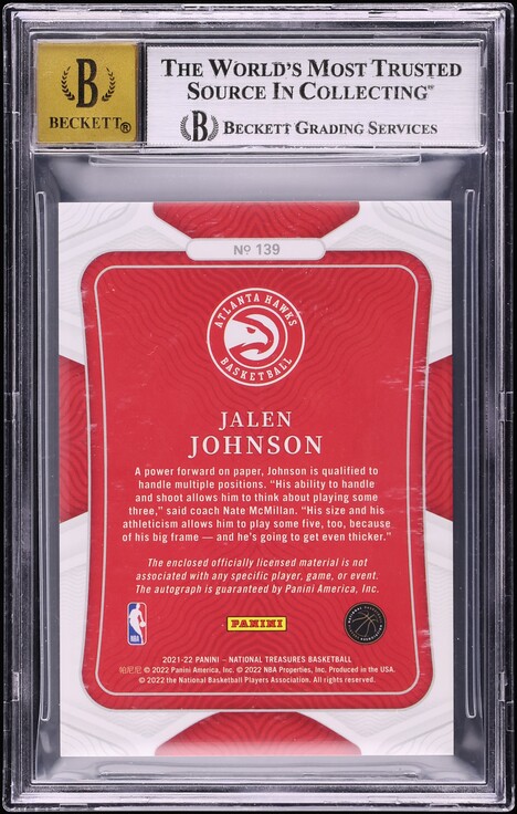 2021 National Treasures Jalen Johnson ROOKIE PATCH AUTO /99 #139 BGS 9 MINT
