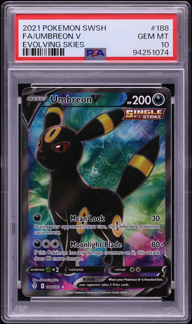 2021 Pokemon Sword & Shield Evolving Skies Full Art Umbreon V #188 PSA 10 GEM MINT