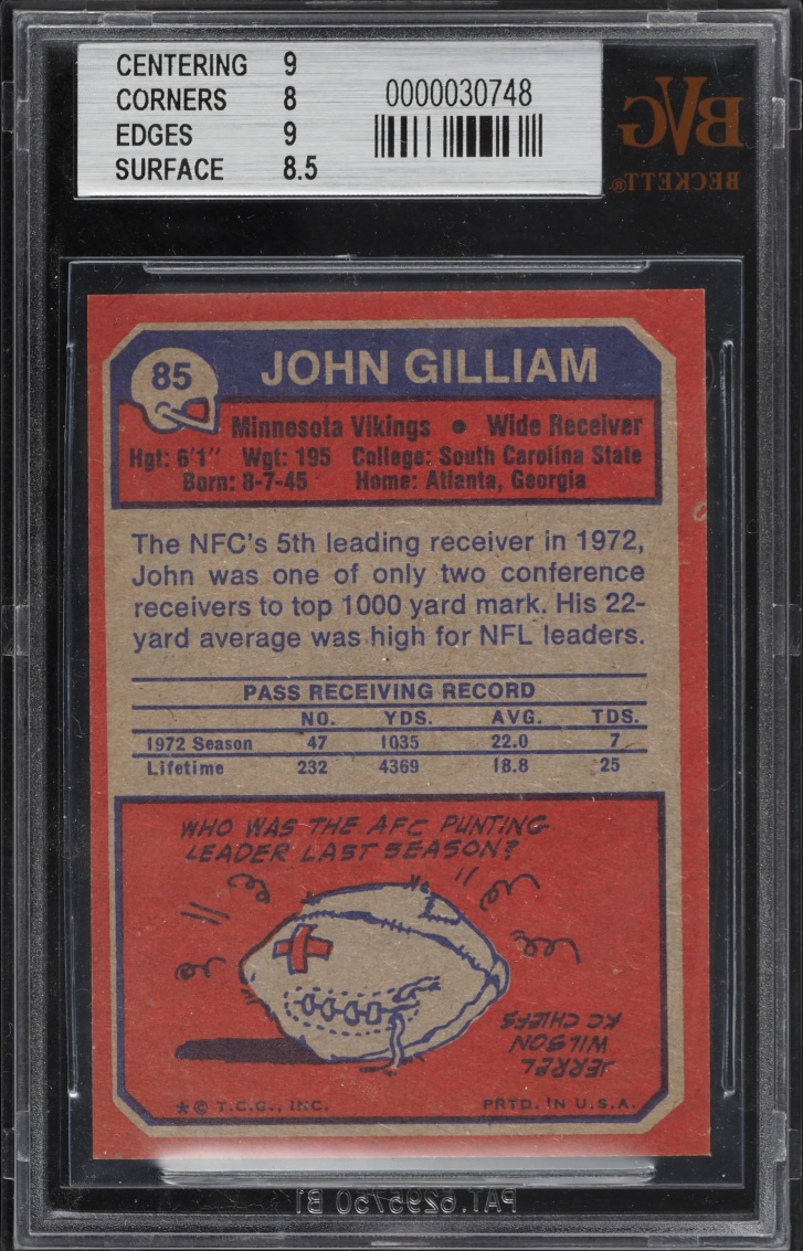1973 Topps Football John Gilliam #85 BVG 8.5 NM-MT+