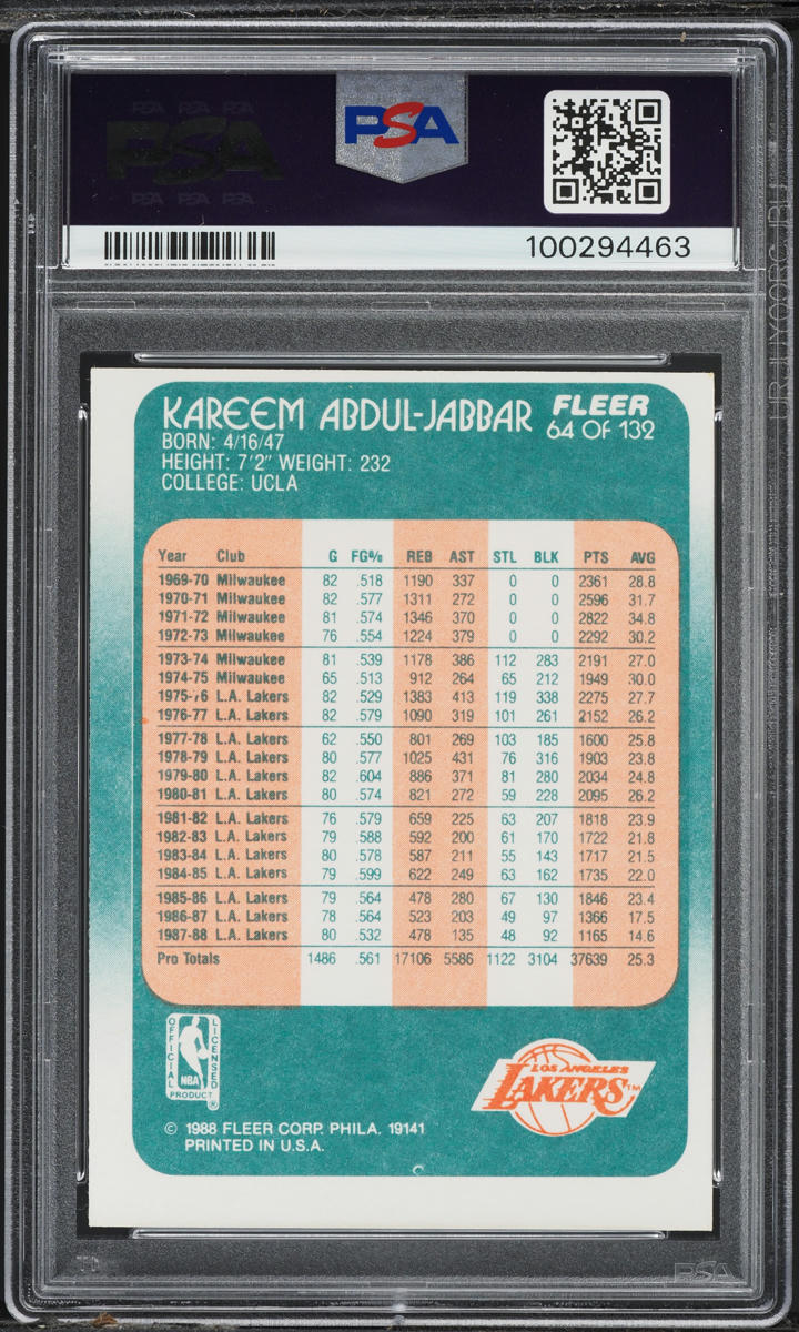 1988 Fleer Basketball Kareem Abdul-Jabbar #64 PSA 5 EX