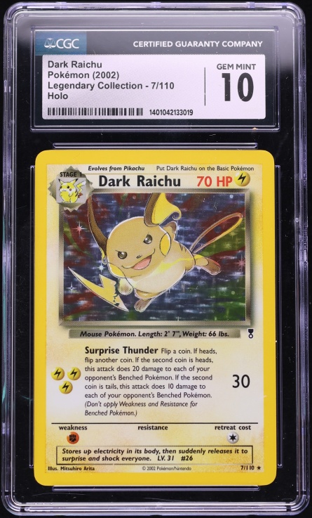 2002 Pokemon Legendary Collection Holo Dark Raichu #7 CGC 10 GEM MINT