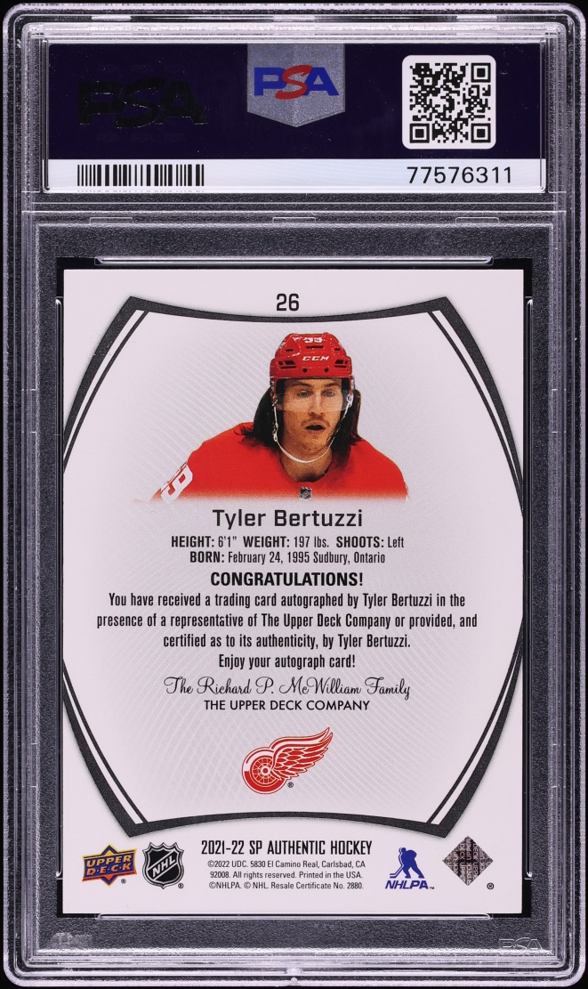 2021 SP Authentic Black With Gold Ink Tyler Bertuzzi AUTO #26 PSA 10 GEM MINT