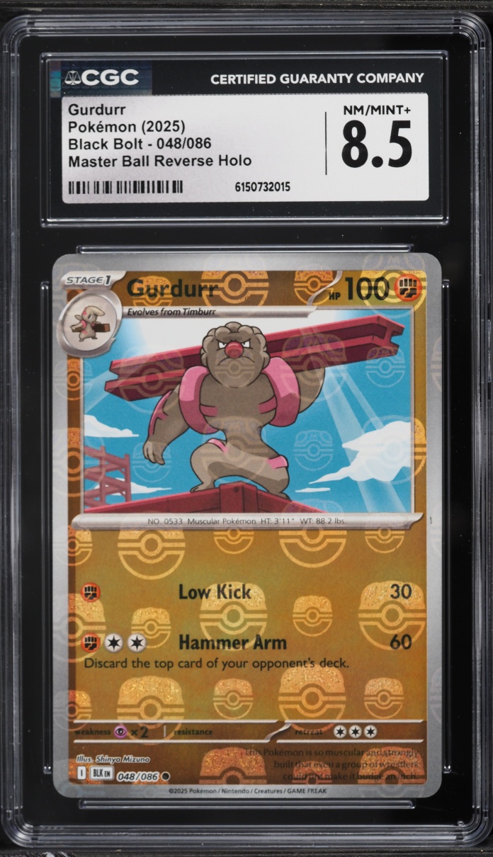 2025 Pokemon Scarlet & Violet Black Bolt Master Ball Reverse Holo Gurdurr #48 CGC 8.5 NM-MT+