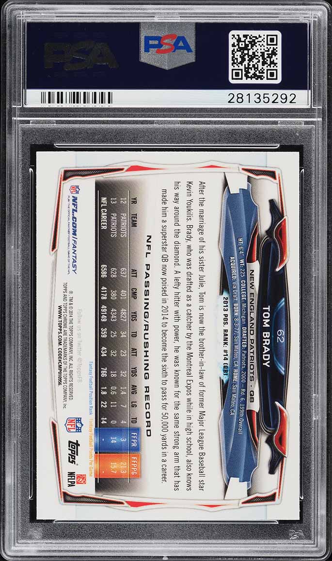 2014 Topps Chrome Purple Refractor Tom Brady #62 PSA 10 GEM MINT - Photo 2