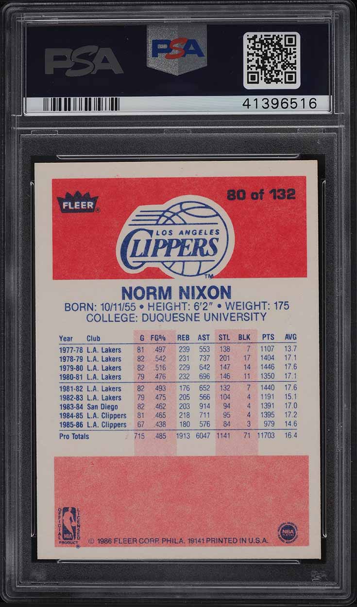 1986 Fleer Basketball Norm Nixon #80 PSA 9 MINT