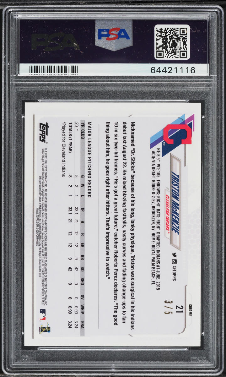 2021 Topps Chrome Red Wave Refractor Triston McKenzie ROOKIE /5 #21 PSA 10 GEM